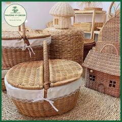 Giỏ Mây Có Nắp Trắng - Giỏ Picnic Dã Ngoại, Đựng Đồ Ăn & Trang Trí Decor Thời Trang
