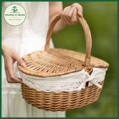 Giỏ Mây Có Nắp Trắng - Giỏ Picnic Dã Ngoại, Đựng Đồ Ăn & Trang Trí Decor Thời Trang