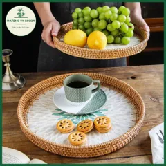 Khay Mây Khảm Trai Đẹp - Khay Đựng Trà, Trái Cây Trang Trí Bàn Ăn và Phụ Kiện Chụp Ảnh Tự Nhiên, Thủ Công Việt Nam