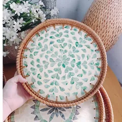 Khay Mây Khảm Trai Đẹp - Khay Đựng Trà, Trái Cây Trang Trí Bàn Ăn và Phụ Kiện Chụp Ảnh Tự Nhiên, Thủ Công Việt Nam