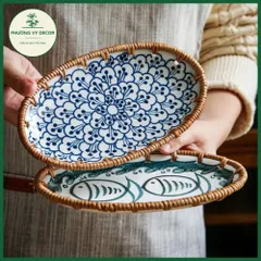 Đĩa Sứ Viền Mây Hình Bầu Dục Đựng Bánh Kẹo - Phụ Kiện Chụp Ảnh Món Ăn Độc Đáo từ Phương Vy Decor