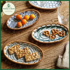 Đĩa Sứ Viền Mây Hình Bầu Dục Đựng Bánh Kẹo - Phụ Kiện Chụp Ảnh Món Ăn Độc Đáo từ Phương Vy Decor