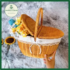 Giỏ mây có nắp trang trí, giỏ mây picnic chụp ảnh decor xinh xắn Phương Vy Decor