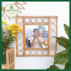 Gương mây decor gương trang điểm treo tường, gương vuông mây tre đan kích thước gương 60cm hàng xuất khẩu