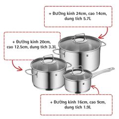 Bộ Nồi WMF Astoria 3 Món Inox Cao Cấp - Chất Liệu Cromargan, Đáy 3 Lớp, Dùng Cho Bếp Từ, Nội Địa Đức Chính Hãng