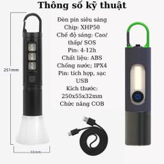 Đèn Pin LED COB Sạc Giá Rẻ 4 Chế Độ Sáng, Siêu Sáng Tiết Kiệm Năng Lượng Cho Du Lịch, Cắm Trại, Đi Rừng, Soi Cá - Tặng Chất Lượng!