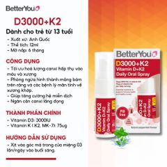 Vitamin D3+K2 BetterYou Dạng Xịt - Tăng Cường Đề Kháng và Xương Chắc Khoẻ cho Người Lớn và Trẻ Em Từ 13 Tuổi (12ml)