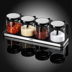 Bộ 4 hũ đựng gia vị thủy tinh CCKO 400ml có tay cầm và khay, thiết kế hiện đại, chất liệu cao cấp, tiện lợi cho bếp nhà bạn