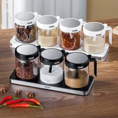 Bộ 4 hũ đựng gia vị thủy tinh CCKO 400ml có tay cầm và khay, thiết kế hiện đại, chất liệu cao cấp, tiện lợi cho bếp nhà bạn