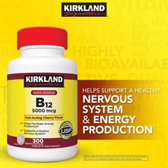 Viên Uống Kirkland Vitamin B12 5000 Mcg - Hỗ Trợ Năng Lượng, Sức Khỏe Thần Kinh - Chai 300 Viên Bổ Sung Thiết Yếu Cho Cơ Thể
