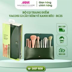 Bộ Cọ Trang Điểm Vacosi 12 Cây Kèm Ví Xanh Rêu BC35 - Cọ Chuyên Nghiệp Hàn Quốc, Thiết Kế Sang Trọng, Tiện Dụng cho Người Mới Bắt Đầu