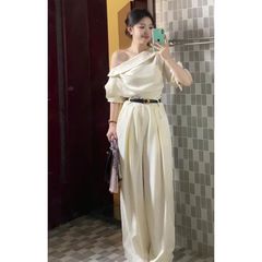 Áo Sơ Mi Trễ Vai Cao Cấp Mùa Thu Kem - Thời Trang Nữ Đẹp Thoải Mái, Chất Liệu Polyester, Size M (45-50 kg)