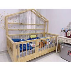 Giường cũi gỗ tự nhiên cao cấp cho trẻ em - Giường công chúa ngôi nhà miễn phí giao lắp tại HCM, kích thước 1.2x2m