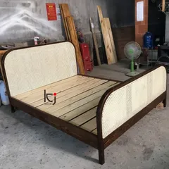 Giường Ngủ Mây Mắt Cáo Rustic Indochine - Chất Liệu Gỗ Thông Tự Nhiên, Kích Thước Đẹp, Freeship HCM