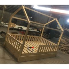 Giường Ngôi Nhà Cho Bé - Giường Ngủ 1.2x2m, Gỗ Thông Chắc Chắn, Nôi Cũi An Toàn Cho Bé Trai, Bé Gái, Có Tủ Kéo Nội Thất Tiện Lợi