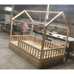 Giường Ngôi Nhà Cho Bé - Giường Ngủ 1.2x2m, Gỗ Thông Chắc Chắn, Nôi Cũi An Toàn Cho Bé Trai, Bé Gái, Có Tủ Kéo Nội Thất Tiện Lợi