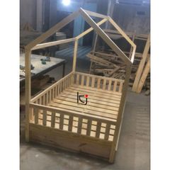 Giường Ngôi Nhà Cho Bé - Giường Ngủ 1.2x2m, Gỗ Thông Chắc Chắn, Nôi Cũi An Toàn Cho Bé Trai, Bé Gái, Có Tủ Kéo Nội Thất Tiện Lợi