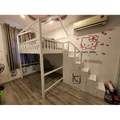 Giường Tầng Gỗ Thông Tự Nhiên Trắng - Kích Thước 1.6x2m, Cao 2.85m, Miễn Phí Vận Chuyển Lắp Đặt Tại HCM