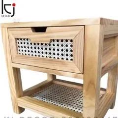 Kệ Tủ Đầu Giường Mây Đan Mắt Cáo Ki Décor - Gỗ Thông Tự Nhiên Nhập Khẩu 45x35x52 cm, Ngăn Kéo Tiện Lợi