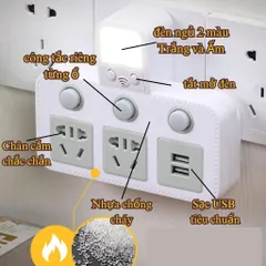 Ổ Cắm Chia Điện Đa Năng Thông Minh 2500W Có Đèn Ngủ & Công Tắc Riêng Từng Ổ - Ổ Điện USB Sạc 2-3-4 Chân Dùng Tại Nhà