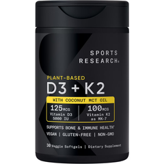 Vitamin D3 + K2 Sports Research 5000IU - Viên Uống Chiết Xuất Thực Vật Tốt Cho Xương Khớp và Tim Mạch - Mỹ 