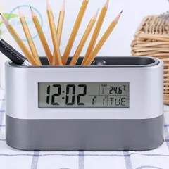 Đồng hồ kỹ thuật số kết hợp khay đựng bút - đo nhiệt độ, lịch ngày, báo thức và đếm ngược tiện ích văn phòng phẩm