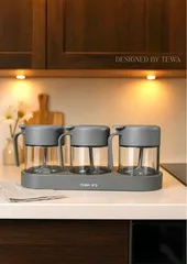 Bộ 3 Lọ Thủy Tinh Đựng Gia Vị Tewa Japan - Thiết Kế Tối Giản Sang Trọng, Nắp Gỗ Tự Nhiên, Dung Tích 250ml