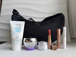 Set Mỹ Phẩm Lancome Màu Tím 7 Món Kèm Túi Xinh - Kem Mắt, Kem Dưỡng, Son Môi, Sữa Rửa Mặt, Mascara, Dưỡng Mi