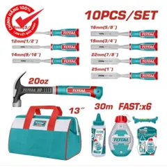 Bộ combo 10 công cụ ngành gỗ TOS230906 - Búa nhổ đinh, Đục gỗ và Túi đựng tiện ích cho thợ mộc và làm vườn