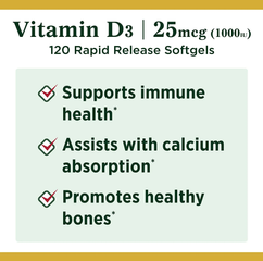 Viên Uống Vitamin D3 Nature’s Bounty 1000IU 120 Viên - Hỗ Trợ Xương Chắc Khỏe và Tăng Cường Miễn Dịch - Sản Phẩm Chính Hãng Mỹ