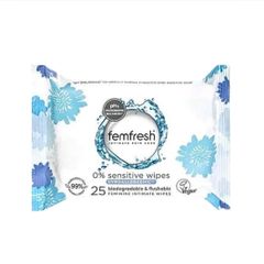 Khăn ướt vệ sinh vùng kín Femfresh 0% Nhạy Cảm - 25 Tờ Tự Nhiên, Không Hương Liệu, An Toàn Cho Da Nhạy Cảm