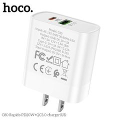 Cốc sạc nhanh Hoco C80 QC3.0, PD20W - 2 cổng USB và Type-C, sạc đồng thời điện thoại iOS và Android, thiết kế nhỏ gọn, tiện lợi