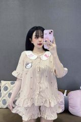Set Đồ Ngủ Bigsize Vải Đũi Hình Hello Kitty - Áo Ngắn Cổ Bèo, Quần Đùi Dễ Thương, Thoải Mái, Họa Tiết Ngọt Ngào