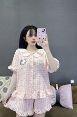 Set Đồ Ngủ Bigsize Vải Đũi Hình Hello Kitty - Áo Ngắn Cổ Bèo, Quần Đùi Dễ Thương, Thoải Mái, Họa Tiết Ngọt Ngào