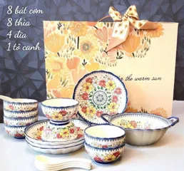 Bộ Bát Ăn Sứ Cao Cấp Châu Âu - 8 Bát, 8 Thìa, 8 Đũa, 4 Đĩa - Hoa Văn Nghệ Thuật Sang Trọng, Quà Tặng Lý Tưởng Cho Mọi Dịp