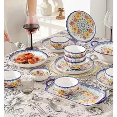 Bộ Bát Ăn Sứ Cao Cấp Châu Âu - 8 Bát, 8 Thìa, 8 Đũa, 4 Đĩa - Hoa Văn Nghệ Thuật Sang Trọng, Quà Tặng Lý Tưởng Cho Mọi Dịp