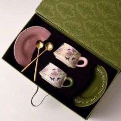 Bộ 2 Tách Trà Cao Cấp Sứ Vintage - Đồ Uống Sang Trọng Kèm Đĩa, Hoạ Tiết Tinh Tế, Phù Hợp Mọi Không Gian Nội Thất
