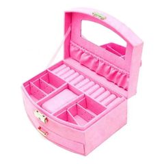 Hộp đựng trang sức nhung lớn TI251 màu hồng - Thiết kế tinh tế với gương, 2 ngăn tiện lợi cho vòng tay, nhẫn, hoa tai