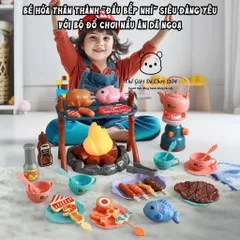 Đồ chơi cắm trại giả lập cho bé 40 chi tiết, có đèn và nhạc, bộ đồ nướng BBQ cho trẻ