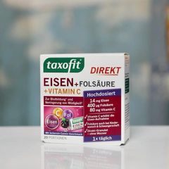 TAXOFIT EISEN FOLSAURE VITAMIN C: Hộp 20 gói bột, sử dụng rất dễ và tiện lợi lại hiệu quả nhanh