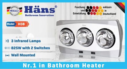 Đèn Sưởi 3 Bóng Treo Tường Hans H3B - Đèn Sưởi Nhà Tắm Hồng Ngoại Công Suất 825W, Điều Khiển Độc Lập, Bóng Thủy Tinh Chịu Nhiệt