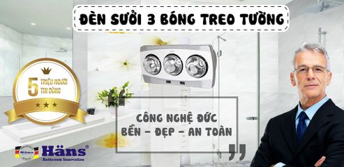 Đèn Sưởi 3 Bóng Treo Tường Hans H3B - Đèn Sưởi Nhà Tắm Hồng Ngoại Công Suất 825W, Điều Khiển Độc Lập, Bóng Thủy Tinh Chịu Nhiệt