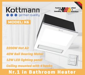 Quạt Sưởi Âm Trần Kottmann K6 5 Trong 1 - Sưởi Ấm, Sấy Khô, Thổi Gió Mát, Thông Gió Hút Mùi, Đèn LED Chiếu Sáng