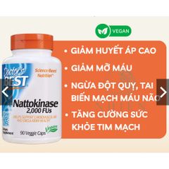Viên uống bổ tim mạch Nattokinase 2000FUs Doctor's Best - Hỗ trợ phòng ngừa đột quỵ và cải thiện tuần hoàn máu, 90 viên