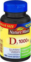 Viên uống Vitamin D3 Nature Made 25 mcg (1000 IU) - Bổ sung 180 viên cho sức khỏe xương và hệ miễn dịch - Sản phẩm từ Mỹ