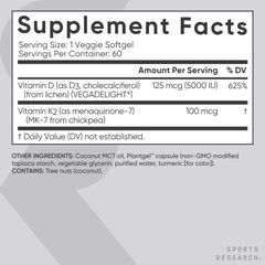 Viên Uống Bổ Sung Vitamin D3 + K2 Sport Research 125mg D3 + 100mg K2 - Hỗ Trợ Sức Khỏe Xương Khớp, Tăng Cường Miễn Dịch 160 Viên Mỹ