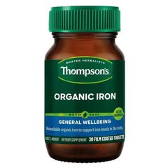 Viên Uống Bổ Sung Sắt Thompson's Organic Iron 24mg - Hỗ Trợ Thiếu Máu, 30 Viên, Tự Nhiên và An Toàn