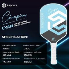 (XẢ KHO) Vợt Pickleball ZSPORTS CHAMPIONS 16mm – Mặt sợi thủy tinh, Lõi tổ ong PP, Trọng lượng 230g, Lựa chọn hoàn hảo cho người mới chơi