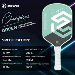(XẢ KHO) Vợt Pickleball ZSPORTS CHAMPIONS 16mm – Mặt sợi thủy tinh, Lõi tổ ong PP, Trọng lượng 230g, Lựa chọn hoàn hảo cho người mới chơi