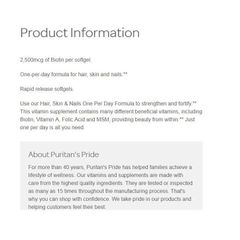 Viên Uống Puritan's Pride Hair Skin & Nails One Per Day 2500 mcg - Hỗ Trợ Làm Đẹp Tóc, Da, Móng Khỏe Mạnh và Bóng Đẹp